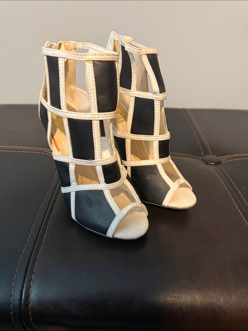 FRH Black and Cream Strappy Cage Stiletto Sandals